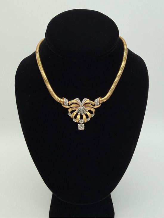 Mazer Jewelry - Vintage Mazer 1940s Gold Tone Rhinestone Choker Necklace - Signed